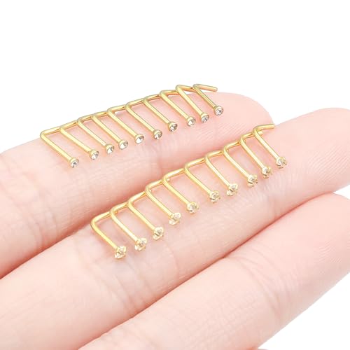 20Pcs Nose Rings Studs Surgical Steel L-Shape Nose Rings for Women 1.5mm 2mm Cubic Zirconia Nose Screw Studs Hypoallergenic Nose Piercings Jewelry 24g 22g 20g 18g - color: L-shape,goldtone, size: 20g,1.5mm CZ