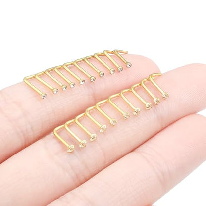 20Pcs Nose Rings Studs Surgical Steel L-Shape Nose Rings for Women 1.5mm 2mm Cubic Zirconia Nose Screw Studs Hypoallergenic Nose Piercings Jewelry 24g 22g 20g 18g - color: L-shape,goldtone, size: 20g,1.5mm CZ