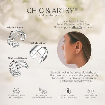 CHIC & ARTSY 925 Sterling Silver Ear Cuffs for Women, Non Piercing Clip On Cartilage Cuffs, Adjustable Fake Conch & Helix Earrings, Gold Plated & Oxidized Various Styles - color: ear cuff #1