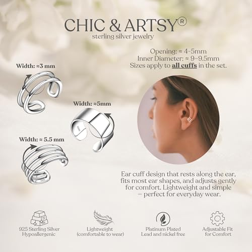 CHIC & ARTSY 925 Sterling Silver Ear Cuffs for Women, Non Piercing Clip On Cartilage Cuffs, Adjustable Fake Conch & Helix Earrings, Gold Plated & Oxidized Various Styles - color: ear cuff #1