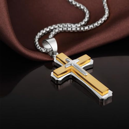 Men's Cross Necklace 316L Stainless Steel Large Heavy Cross Pendant for Men Polished Jewelry Rolo Chain with 22'' 24'' 26'' - color: D-silver and gold-tone, size: 22 inch