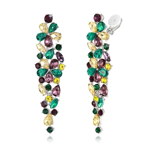 EleQueen Women's Sparkle Statement Clip-On Chandelier Earrings | Marquise Crystals Earrings for Women, Art Deco Prom Jewelry for Wedding Bride Bridesmaid - color: Mardi Gras Yellow Green Purple