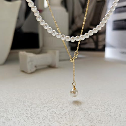 Zeffy Pearl Necklace 4MM/6MM/8MM Dainty Round Imitation Pearl Choker Necklace Wedding Pearl Necklace Delicate Jewelry for Women Simple Bridesmaid Jewelry Gifts - style: 4mm Gold Pearl Necklace & Pearl Y Necklace
