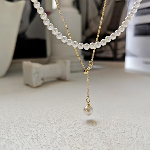 Zeffy Pearl Necklace 4MM/6MM/8MM Dainty Round Imitation Pearl Choker Necklace Wedding Pearl Necklace Delicate Jewelry for Women Simple Bridesmaid Jewelry Gifts - style: 4mm Gold Pearl Necklace & Pearl Y Necklace