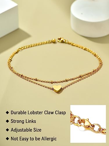 FaithHeart Waterproof Ankle Bracelets for Women, 1/2/3Pcs Non Tarnish Stainless Steel Layered Anklet Set Paperclip Figaro Cuban Link Chain Dainty Summer Beach Jewelry Gift Adjustable Size - style: b.Heart - Gold