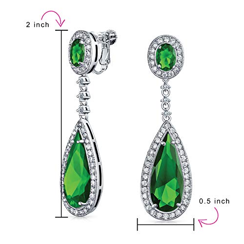 Long Cocktail CZ Halo Teardrop Chandelier Clip On Earrings Silver Plated - color: Green