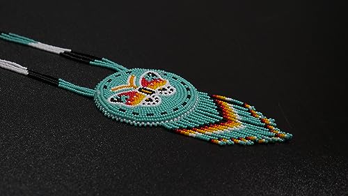 Handmade Native American Style Tribal ethnic Seed Bead Beaded Layered Medallion Necklace - color: Butterfly - Turquoise