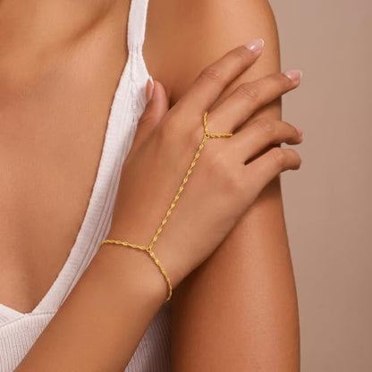 Eaciy 3PCS Gold Hand Chain Bracelets for Women, 18K Gold Plated Dainty Stackable Hand Chain Bracelet Ring Gold Bracelets for Women Trendy Gold Jewelry Set - color: 08-Gold-Singapore Hand Chain