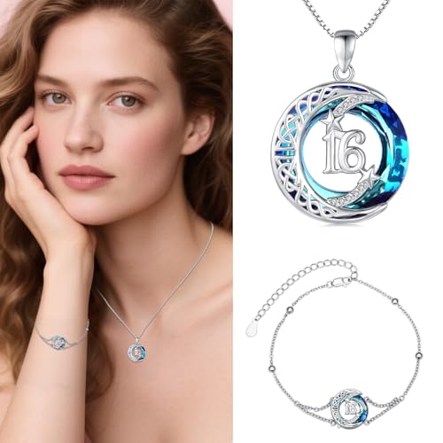JUSTKIDSTOY Birthday Gifts for Women Girls 925 Sterling Silver Celtic Moon Star Necklace with Blue Crystal Pendant Jewelry for Sister Friends - style: 16th