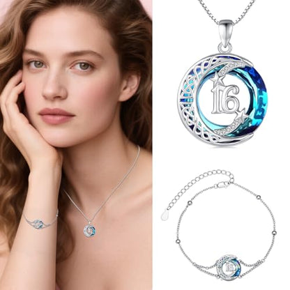 JUSTKIDSTOY Birthday Gifts for Women Girls 925 Sterling Silver Celtic Moon Star Necklace with Blue Crystal Pendant Jewelry for Sister Friends - style: 16th