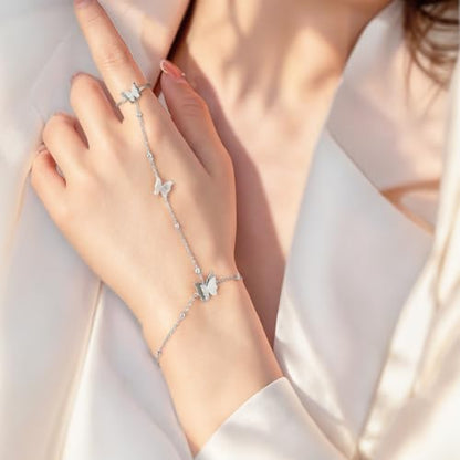 Emibele Gold Bracelets for Women, 18K Gold Plated Hand Chain, Cubic Zirconia Stainless Steel Non Tarnish Hand Chain Bracelet with Finger Ring, Adjustable Trendy Jewelry Valentines Day Gifts for Women - style: Silver Butterfly