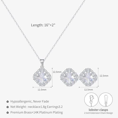 14K Gold Plated | 14K Platinum Plated Necklace for Women Necklace Earrings Set with Sparkling Zircon Inlay and Silver Post Earrings - color: Zircon square three-leaf flower set silver