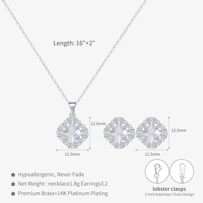 14K Gold Plated | 14K Platinum Plated Necklace for Women Necklace Earrings Set with Sparkling Zircon Inlay and Silver Post Earrings - color: Zircon square three-leaf flower set silver