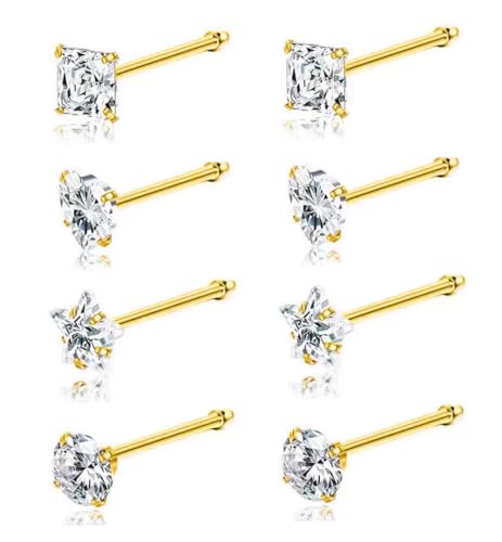SEEDRILL 8Pcs 20G Nose Rings studs for Woman Hypoallergenic Nose Studs 316L Surgical Steel with Gold Plated Nose Piercings Jewelry 3mm CZ L Shape Nose Rings 20 Gauge Nose Stud Nose Screw Studs - style: 8Pcs/18G/3mm CZ/Straight Bar/Gold-Plated