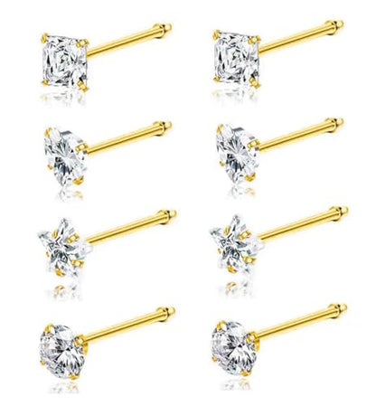 SEEDRILL 8Pcs 20G Nose Rings studs for Woman Hypoallergenic Nose Studs 316L Surgical Steel with Gold Plated Nose Piercings Jewelry 3mm CZ L Shape Nose Rings 20 Gauge Nose Stud Nose Screw Studs - style: 8Pcs/20G/3mm CZ/Straight Bar/Gold-Plated