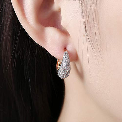 14K Rose Gold Plated Three Row Cubic Zirconia Small Huggie Hoop Earrings Fashion Jewelry for Men Women - color: 14K gold