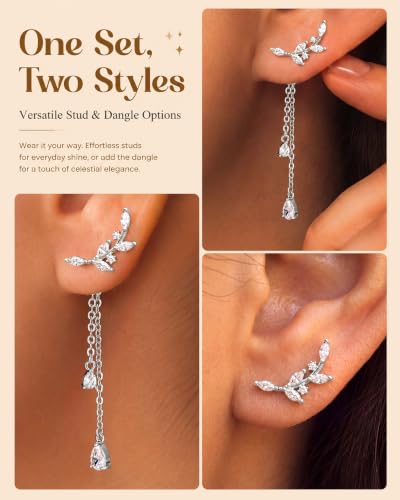 Pearl Dangle Stud Earrings for Women, 925 Sterling Silver Post Drop Earring | Trendy Detachable Chain Earrings, CZ Flower Stud Earrings, Hypoallergenic Wedding Statement Jewelry for Brides - color: Silver 2