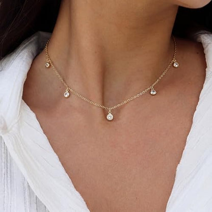 Tewiky Dainty 14k Gold Plated/Silver Cubic Zirconia Necklaces for Women, Simple CZ Jewelry Necklaces Trendy Gifts - color: Gold five drop CZ