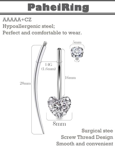 Long Belly Button Ring 6mm 8mm 10mm 12mm 14mm Surgical Stainless Steel Round Cubic Zirconia Navel Barbell Long Bar Belly Button Piercing Jewelry Silver, black, rose gold belly ring - color: 16mm Double Heart Zircon Curved Piercing Jewelry
