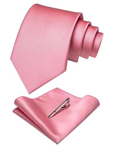 JEMYGINS Solid Color Formal Necktie and Pocket Square Tie Clip Sets for Men - color: Pink