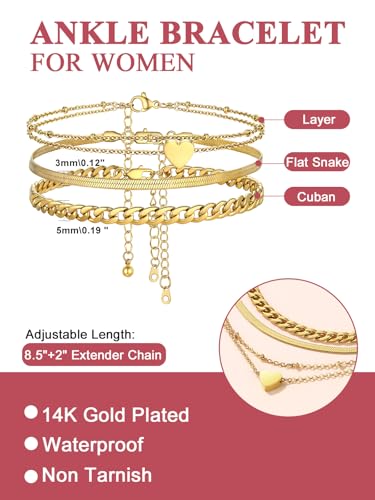 FOCALOOK Anklet Bracelets Set for Women, 14K Gold Plated Layered Anklet Set | Adjustable for Large Ankle, Cuban/Snake/Figaro/Paperclip Chain, Waterproof & Non Tarnish for Everyday Wear, Beach & Summer - color: B:3Pcs-Anklet Set-Gold