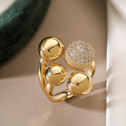 18K Gold Plating Ball Statement Ring Charm Cubic Zirconia Adjustable Open Band Jewelry for Women - color: Gold