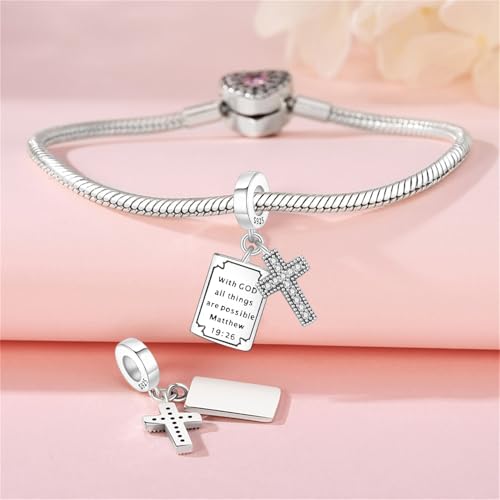 925 Sterling Silver Charms for Bracelets and Necklace Religious Cross Pendants Praying Hands, Bible, Virgin Mary, Jesus, Church Bead Jewelry - color: Bible Cross Pendant