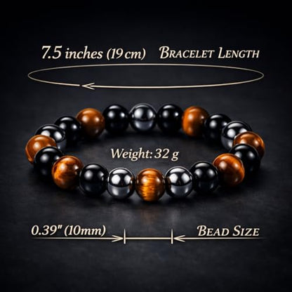 WFJ Black Obsidian Hematite Triple Protection Bracelets Set - Tiger Eye Beaded Natural Stone Bracelet for Men Women Gemstone (10MM) - color: Triple Protection Set of 2 – Men’s M–L Wrist