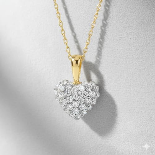 Jewelili Puffed Heart Necklace Pendant 10K Yellow Gold with White Round Cubic Zirconia 18 inch 14K Gold Chain