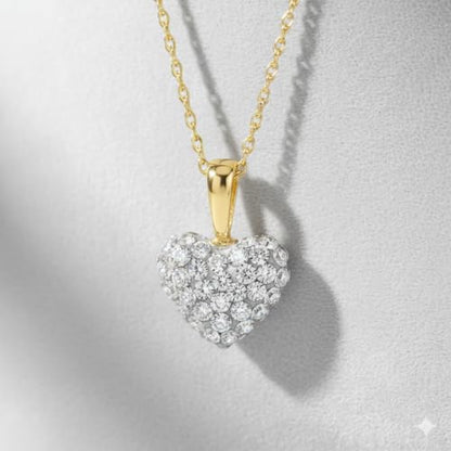 Jewelili Puffed Heart Necklace Pendant 10K Yellow Gold with White Round Cubic Zirconia 18 inch 14K Gold Chain