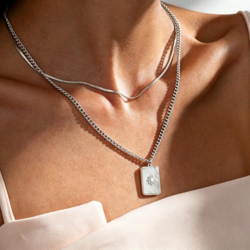 CTRLZTEAM Layered Necklaces for Women Gold Silver Snake Chain Pendant - style: Double Layer Square Shell Necklace - Silver