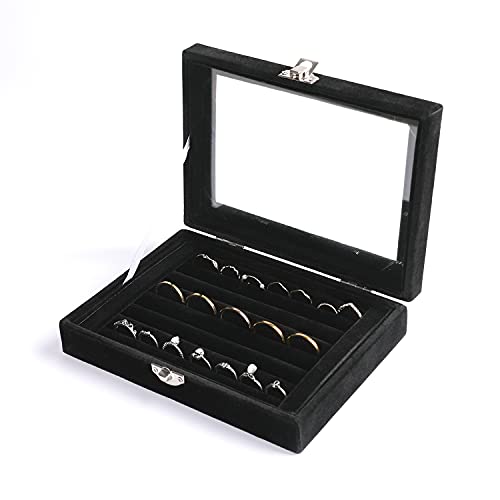 Tiny Velvet Ring Organizer Tray, 7 Slots Ring Jewelry Storage | Ring Storage,Ring Holder For Women,Ring Display,Ring Storage With Velvet Lining,With Clear Lid,Drawer Insert Jewelry Storage - color: Black, size: 7 Slots