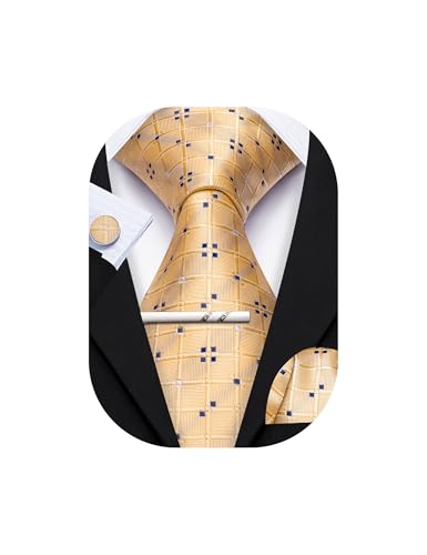 YOHOWA Men Plaid/Striped Ties Clip Set Silk Necktie Pocket Square Cufflinks | Woven Classic,Formal/Casual Mens Tie,Pocket Square Cufflinks Set,Luxury,Business,Wedding,Party,Prom,Graduation - color: Champagne