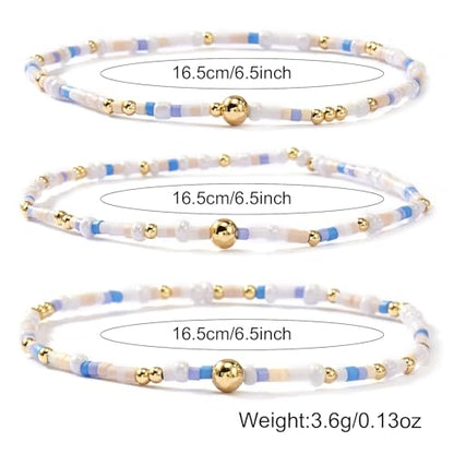 Dainty Gold Plated Tiny Ball Colorful Beaded Stack Bracelets Sets for Women,3Pcs Stackable Cute Bracelet Stretch Trendy Ball Jewelry Friendship Gift - color: lake-blue