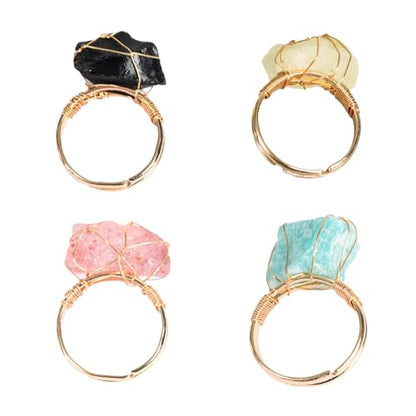 COLORFUL BLING Raw Healing Crystal Natural Stone Ring Statement Copper Wire Wrapped Irregular Crystal Gemstone Adjustalble Ring Jewelry for Women - color: 4 Pcs Set B