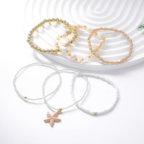 LALAPPLE Shell Bracelet Boho Beaded Stretch Bracelets for Women Seashell Strand Bracelets Starfish Charm Jewelry Summer Beach Jewelry Stackable Crystal Gold Plated Beads Bracelet for Women - style: T-Style9 pink