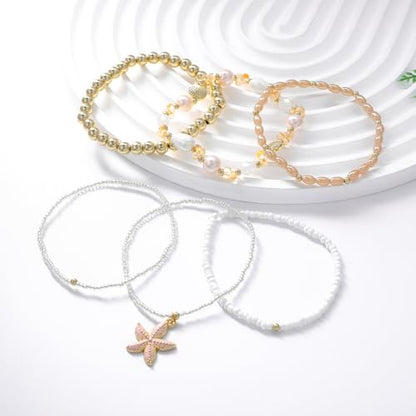 LALAPPLE Shell Bracelet Boho Beaded Stretch Bracelets for Women Seashell Strand Bracelets Starfish Charm Jewelry Summer Beach Jewelry Stackable Crystal Gold Plated Beads Bracelet for Women - style: T-Style9 pink