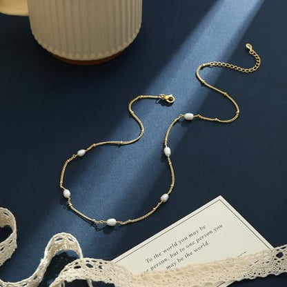 Dainty Pearl Pendant Necklaces for Women 14K Gold Plated Handmade Layered Pearl Chain Necklace Delicate Layered Pearl Necklace Everyday Jewelry Gift - color: NK02-Satellite-Gold