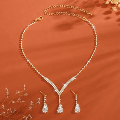 Bridal Wedding Jewelry Set Silver Rhinestone Necklace Earrings Sets Formal Costume Jewelry for Women and Brides - color: A-Gold