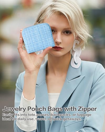 Travel Jewelry Pouch, 5-Layer Tweed Pouch, Blue | Anti-Scratch, Tangle-Free, Bracelets Earrings Necklaces, YKK Zipper Ring Pull, Tweed Fabric, Travel Jewelry Case, Gift - color: WOVEN-Blue