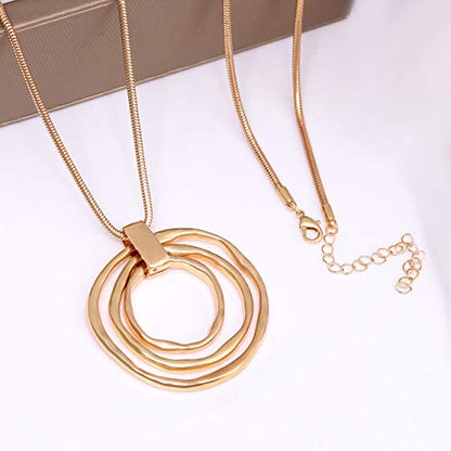 NVENF Long Sweater Chain Double Circle Pendant Necklace Bold Snake Chain Women Statement Necklace - color: E Gold triple