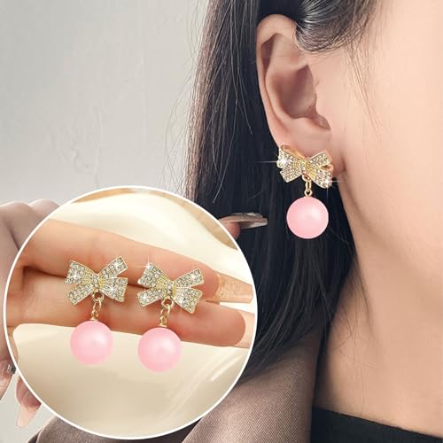 Pearl Bow Earrings for Women Coquette Aesthetic Jewelry Rhinestone Bow Earrings for Bridesmaids Wedding Party Accessories Bridal Costume Accents Bowknot Themed Gifts - color: C3: Pink Pearl Bow Earrins
