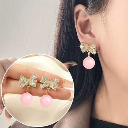 Pearl Bow Earrings for Women Coquette Aesthetic Jewelry Rhinestone Bow Earrings for Bridesmaids Wedding Party Accessories Bridal Costume Accents Bowknot Themed Gifts - color: C3: Pink Pearl Bow Earrins