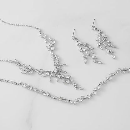 SWEETV Jewelry Set for Women, Cubic Zirconia Marquise Vine Cluster Bridal Earrings and Necklace Set, Bridal Jewelry Set for Wedding Prom - color: S11 Silver