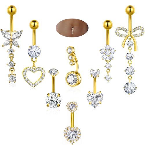 BSJ4U 8Pcs Gold Pink Silver Belly Button Ring Dangle Navel Belly Piercing Jewelry Cute CZ Butterfly Heart Flower Bow Navel Belly Rings for Women 14G Hypoallergenic Surgical Stainless Steel Dainty Dangling Dangly Belly Button Piercing Pack - color: Gold Be