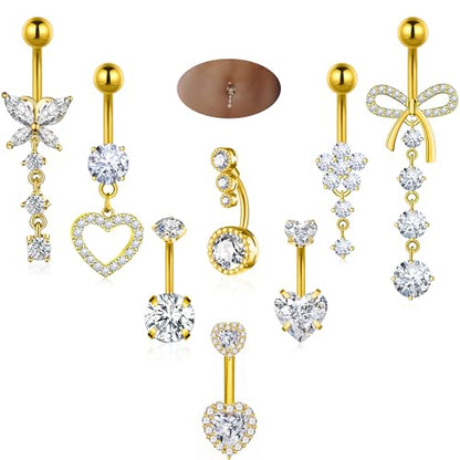BSJ4U 8Pcs Gold Pink Silver Belly Button Ring Dangle Navel Belly Piercing Jewelry Cute CZ Butterfly Heart Flower Bow Navel Belly Rings for Women 14G Hypoallergenic Surgical Stainless Steel Dainty Dangling Dangly Belly Button Piercing Pack - color: Gold Be