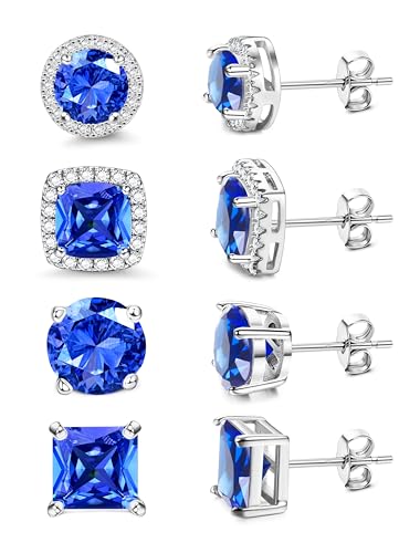 MILACOLATO S925 Sterling Silver Stud Earrings for Women Men Hypoallergenic 18K Gold Plated Cubic Zirconia Earrings Studs Brilliant Simulated Diamond Halo Earring for Sensitive Ears - style: 18K White Gold Plated - Dark Blue CZ