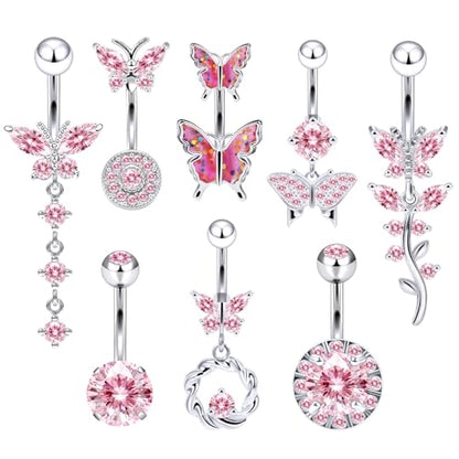 Vsnnsns 14G Belly Button Ring Piercing Jewelry 316L Stainless Surgical Steel Heart CZ Pearl Butterfly Flower Navel Rings Dangle Belly Button Ring Navel Piercing Jewelry for Women Men Hypoallergenic - color: Silver-Pink CZ