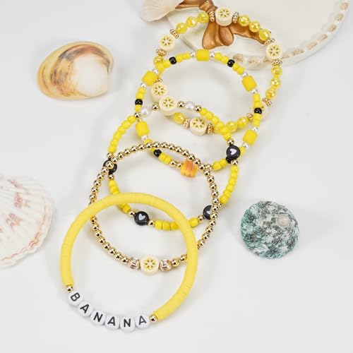 Twinfree Bohemian Cute Fruit Banana Cherry Strawberry Pineapple Mango Polymer Clay Beaded Stackable Stretch Bracelets - color: color 22