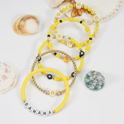 Twinfree Bohemian Cute Fruit Banana Cherry Strawberry Pineapple Mango Polymer Clay Beaded Stackable Stretch Bracelets - color: color 22